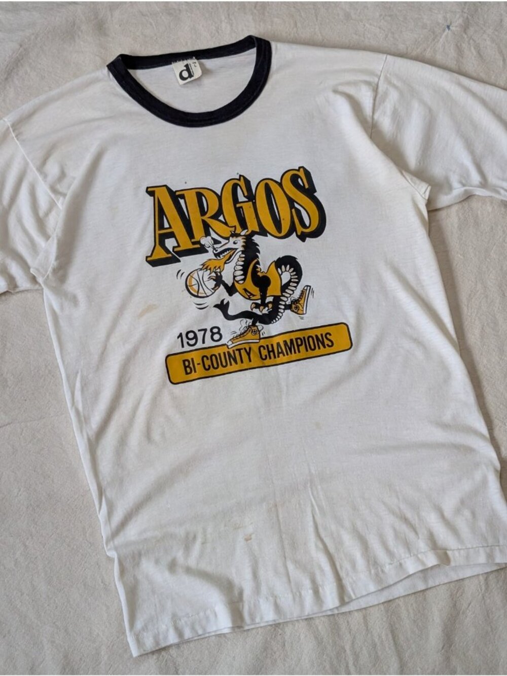 Vintage 70s Paper Thin Ringer Tee Dragon Basketball Graphic Downerwear USA LG - Picture 3 of 12